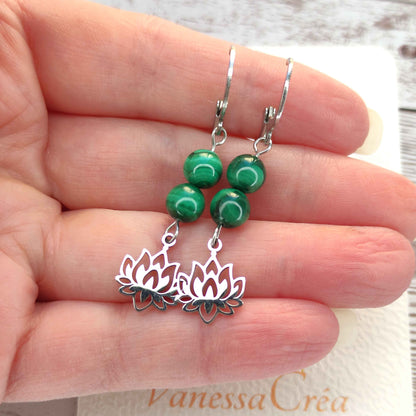 Boucles d'oreilles malachite et Lotus L'Atelier VanessaCréa