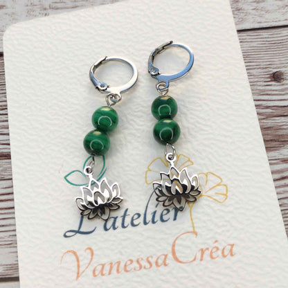 Boucles d'oreilles malachite et Lotus L'Atelier VanessaCréa
