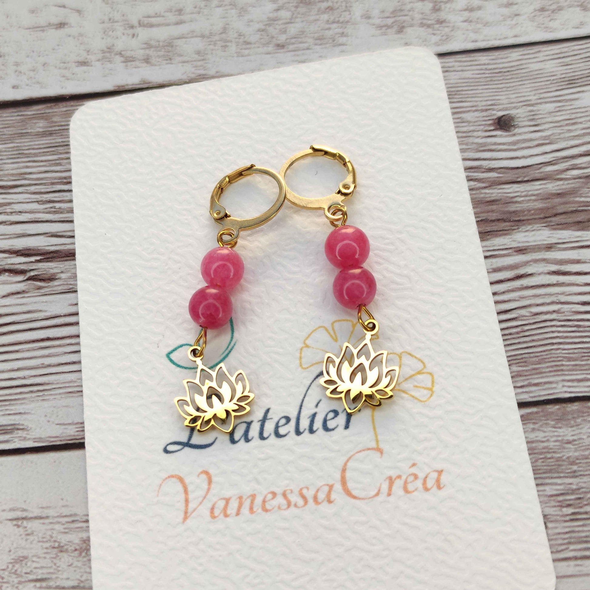 Boucles d'oreilles rhodochrosite et Lotus L'Atelier VanessaCréa