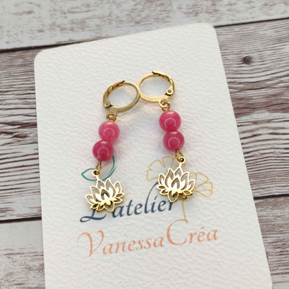 Boucles d'oreilles rhodochrosite et Lotus L'Atelier VanessaCréa