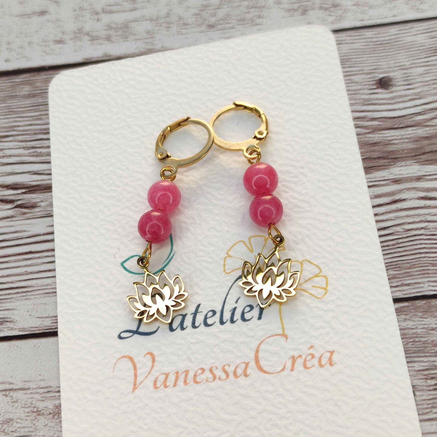 Boucles d'oreilles rhodochrosite et Lotus L'Atelier VanessaCréa