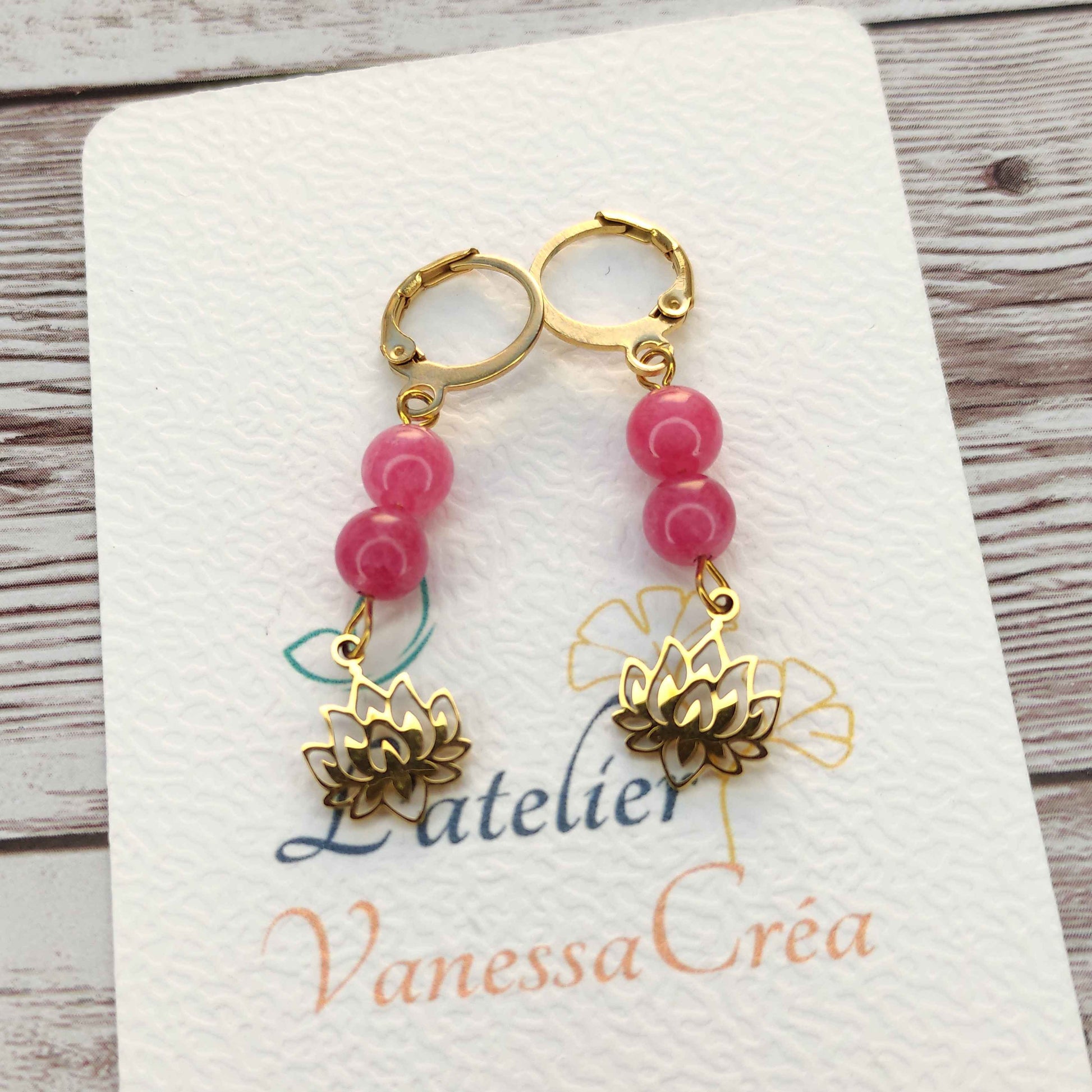 Boucles d'oreilles rhodochrosite et Lotus L'Atelier VanessaCréa
