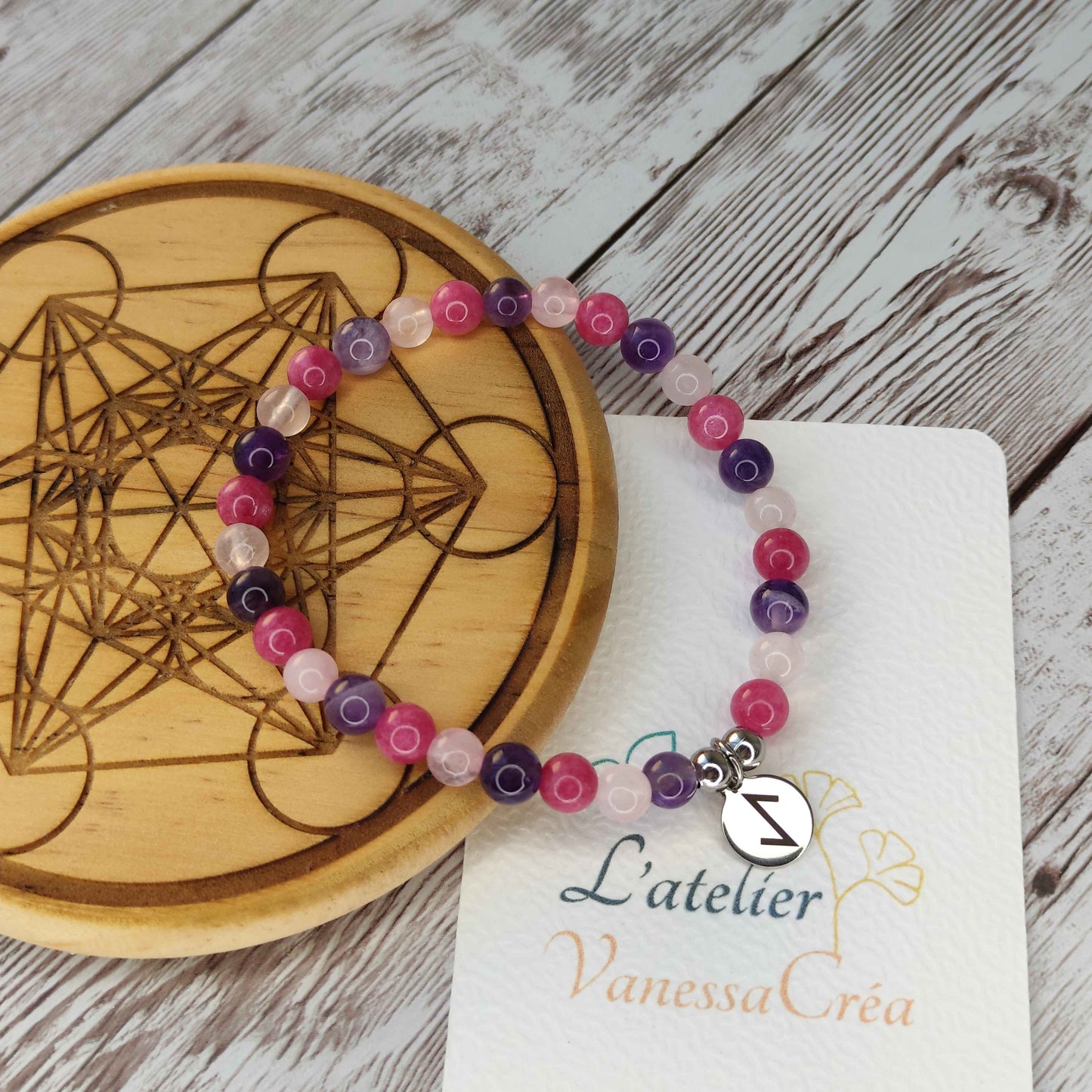 Bracelet "Renaissance & Paume de Paix" – Quartz Rose, Rhodochrosite & Rune Eihwaz L'Atelier VanessaCréa