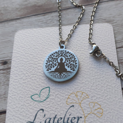 Collier arbre de vie bouddha en acier inoxydable poli miroir avec gravure laser de précision.