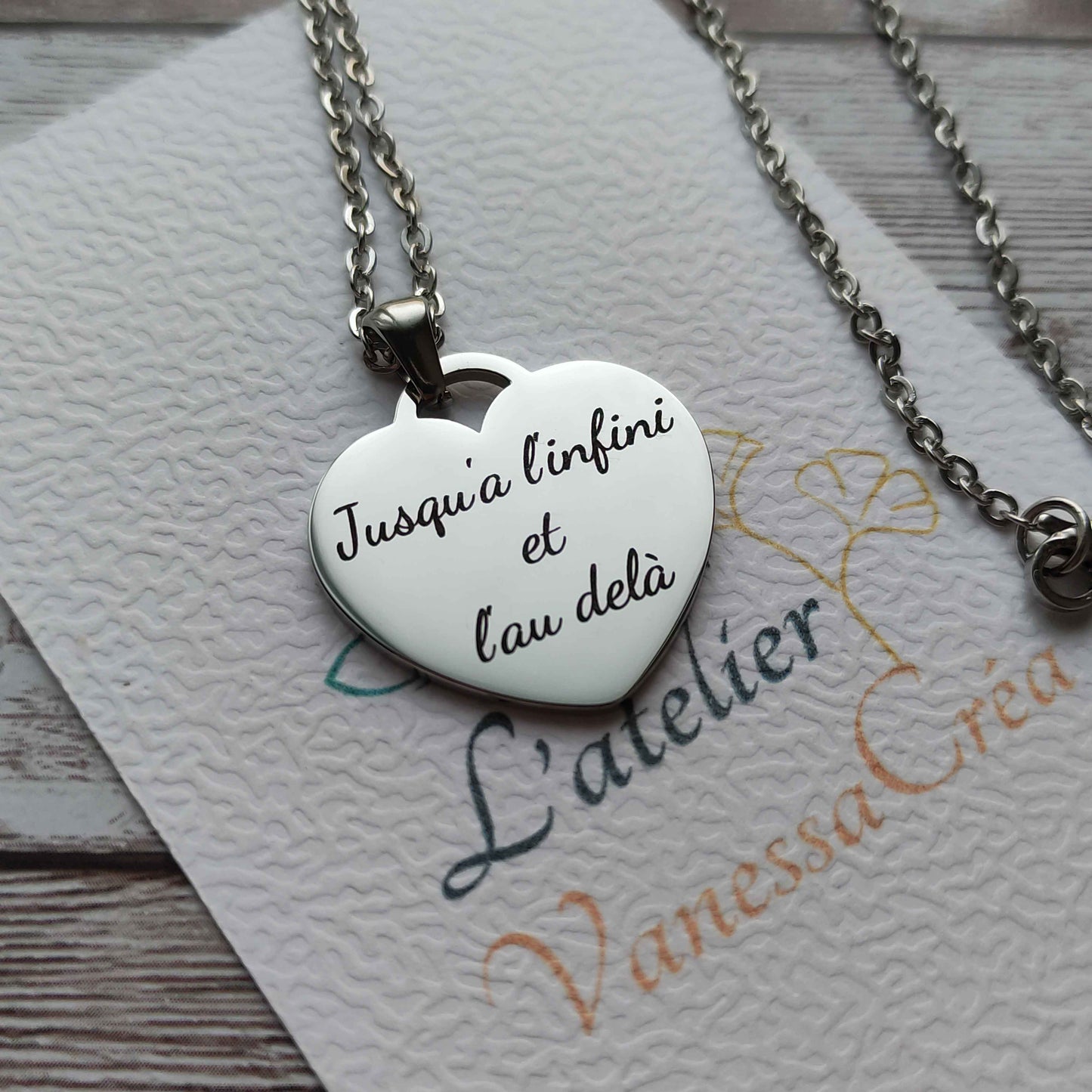Collier coeur acier inoxydable personnalisé texte gravé