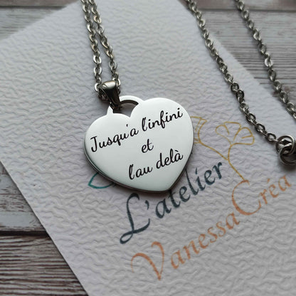 Collier coeur acier inoxydable personnalisé texte gravé