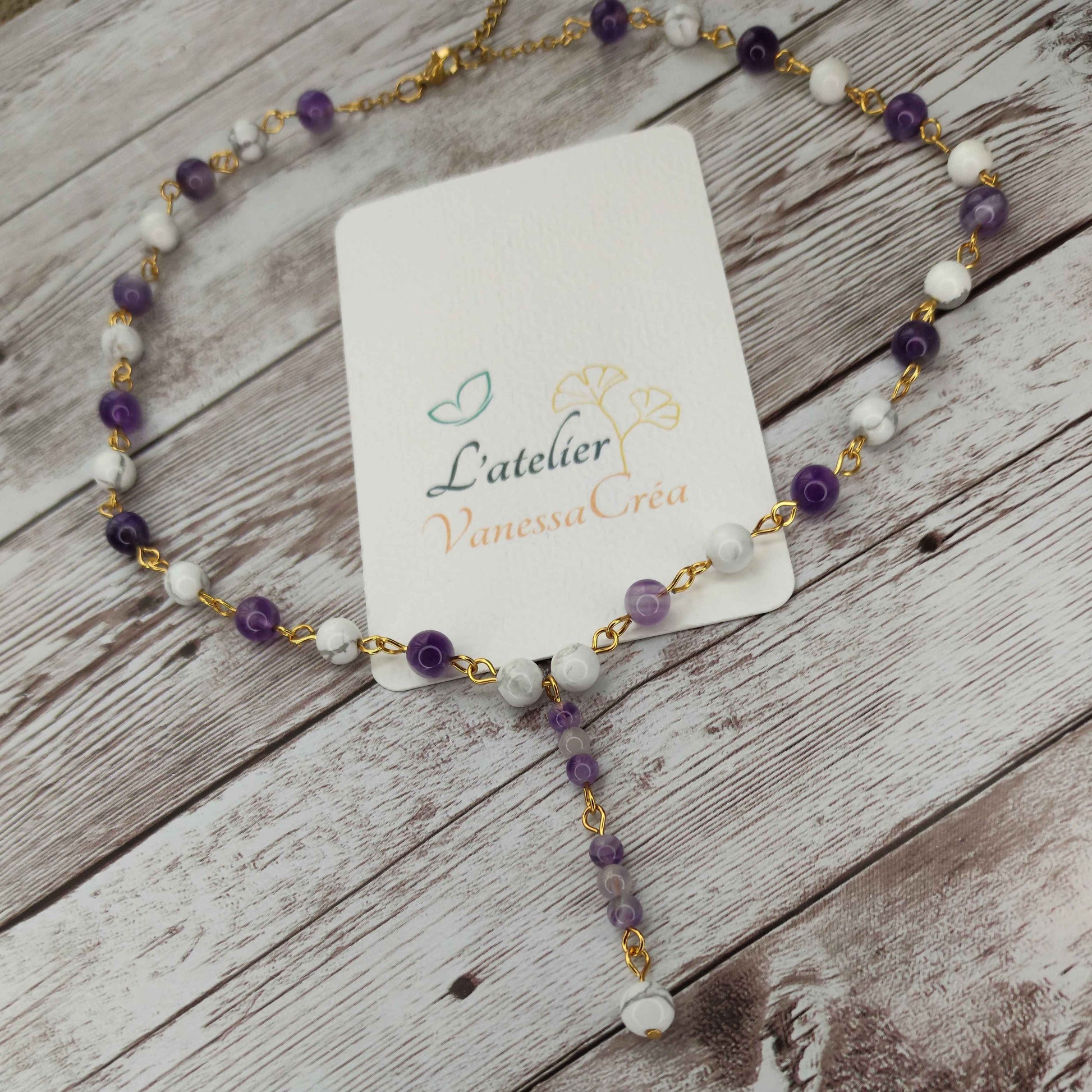 Collier cravate Sérénité & Clarté Mentale – Améthyste et Howlite sur Acier Inoxydable L'Atelier VanessaCréa