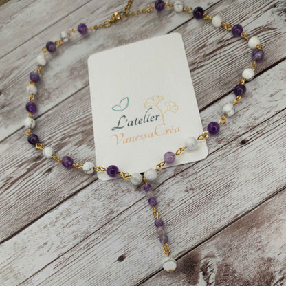 Collier cravate Sérénité & Clarté Mentale – Améthyste et Howlite sur Acier Inoxydable L'Atelier VanessaCréa
