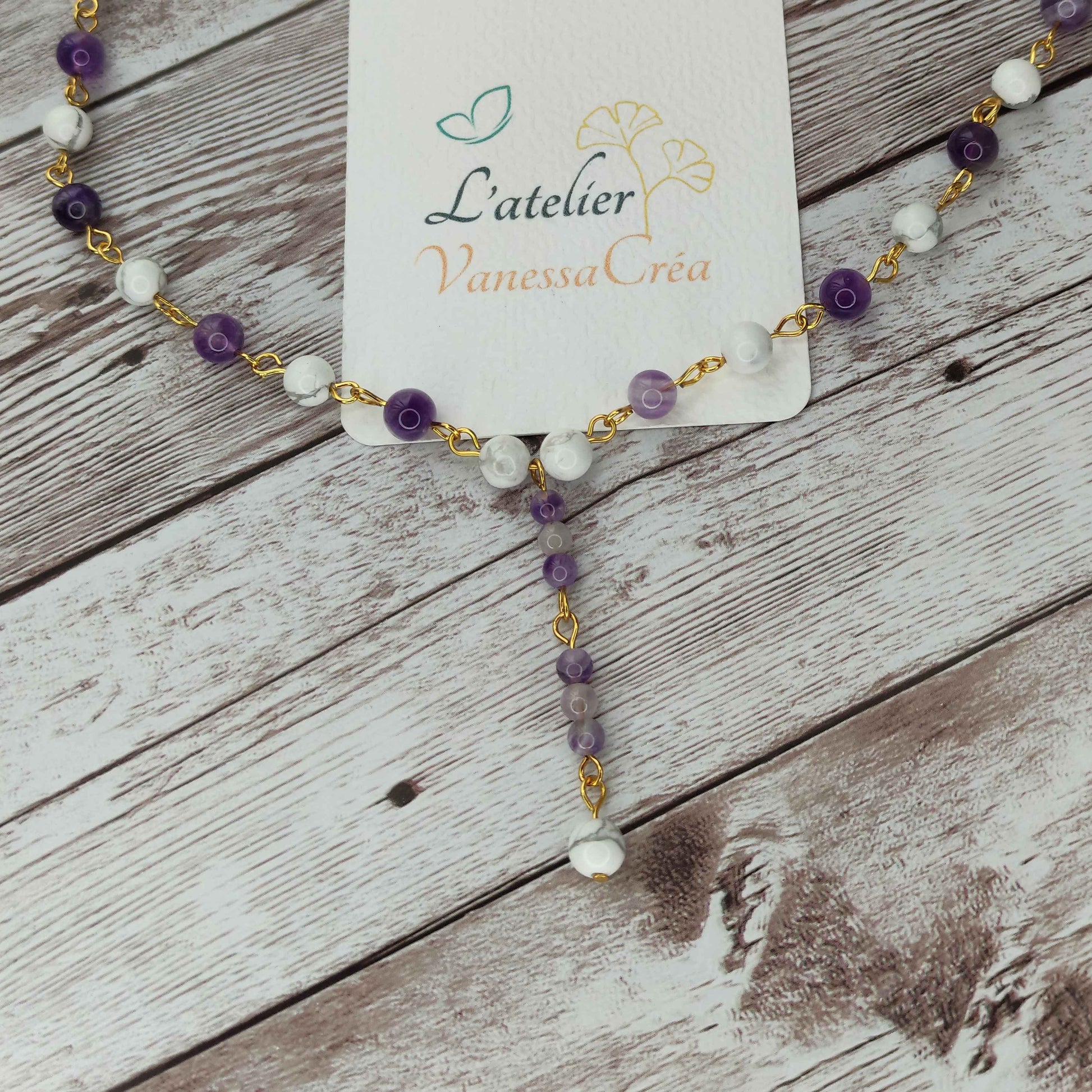 Collier cravate Sérénité & Clarté Mentale – Améthyste et Howlite sur Acier Inoxydable L'Atelier VanessaCréa