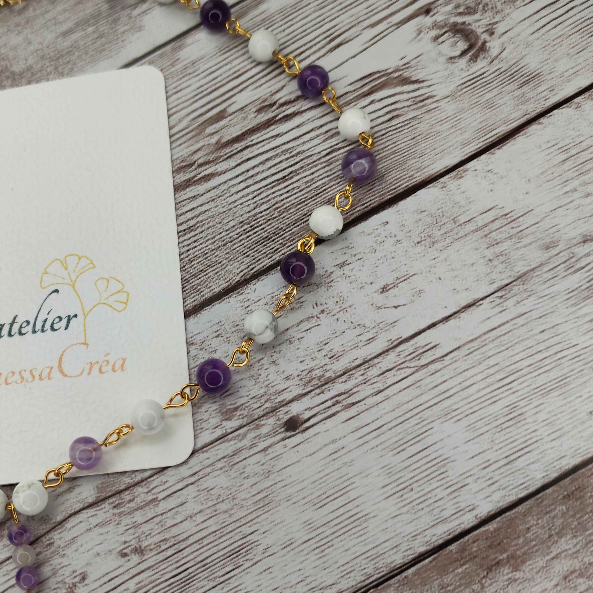 Collier cravate Sérénité & Clarté Mentale – Améthyste et Howlite sur Acier Inoxydable L'Atelier VanessaCréa