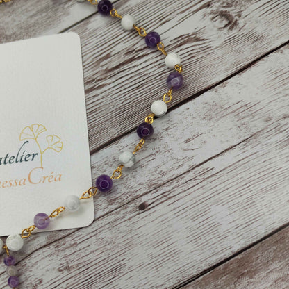 Collier cravate Sérénité & Clarté Mentale – Améthyste et Howlite sur Acier Inoxydable L'Atelier VanessaCréa