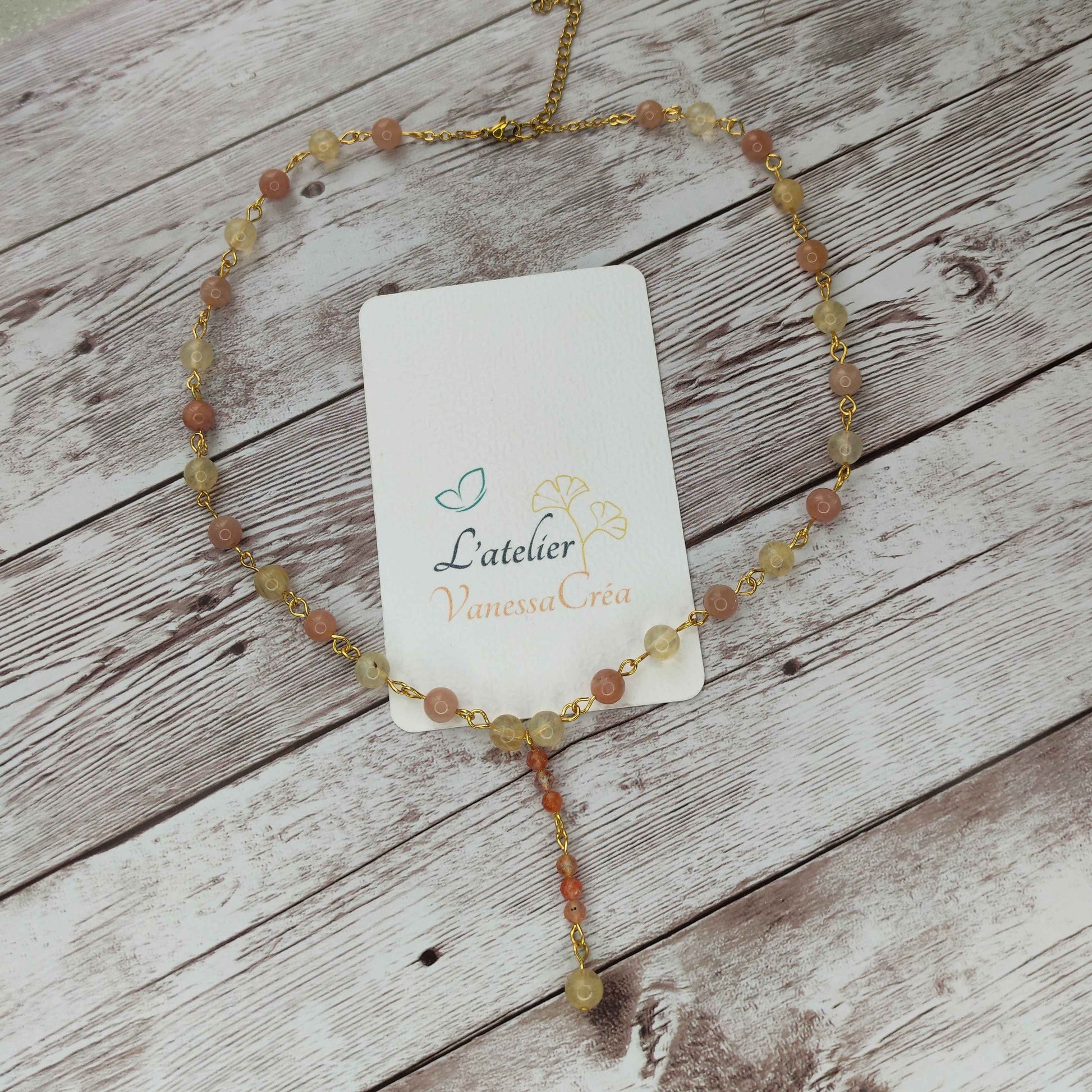 Collier cravate Éclat Solaire – Citrine & Pierre de Soleil | Confection Vibratoire en Acier Inoxydable L'Atelier VanessaCréa