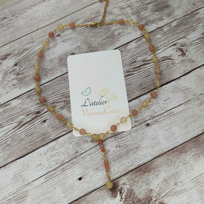Collier cravate Éclat Solaire – Citrine & Pierre de Soleil | Confection Vibratoire en Acier Inoxydable L'Atelier VanessaCréa