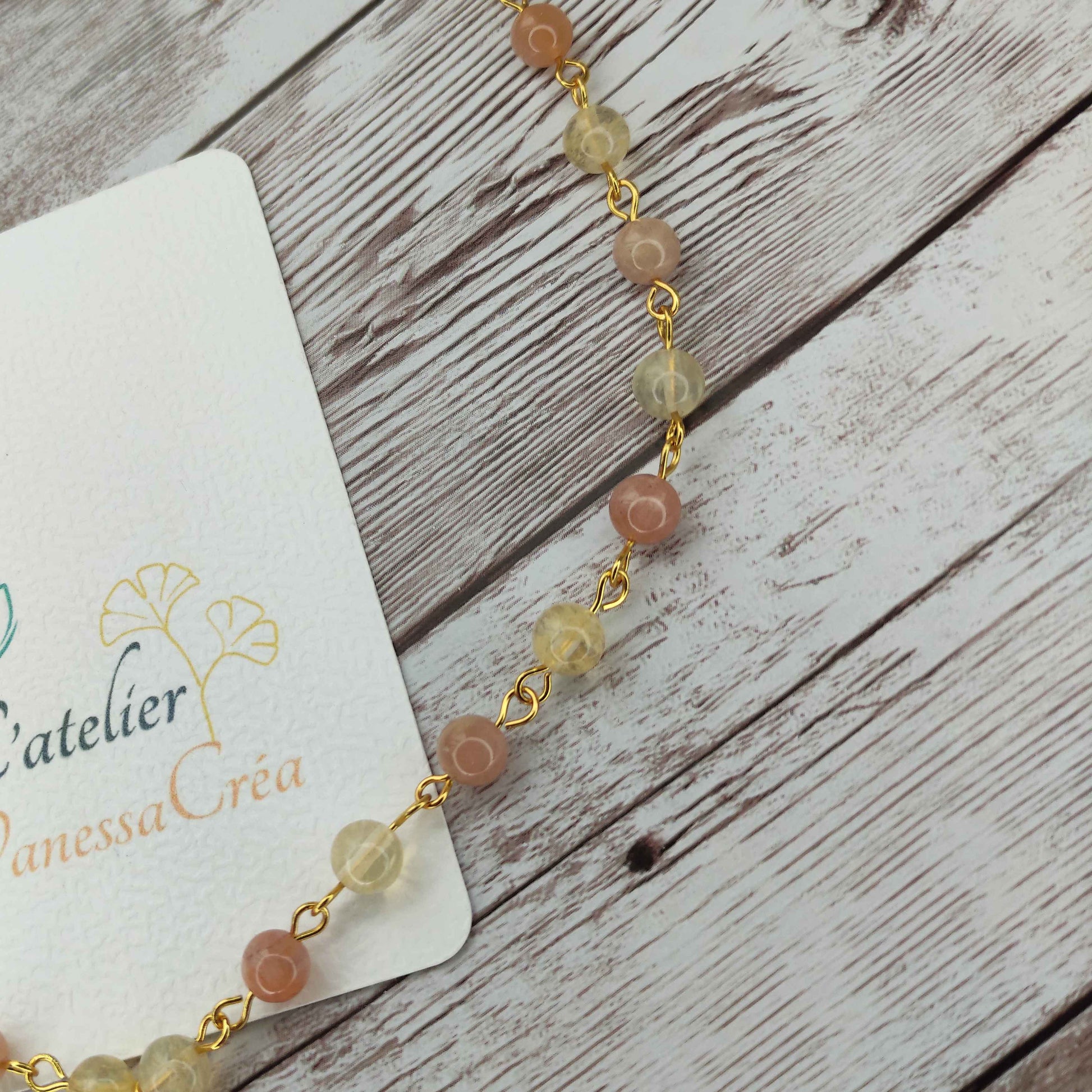 Collier cravate Éclat Solaire – Citrine & Pierre de Soleil | Confection Vibratoire en Acier Inoxydable L'Atelier VanessaCréa