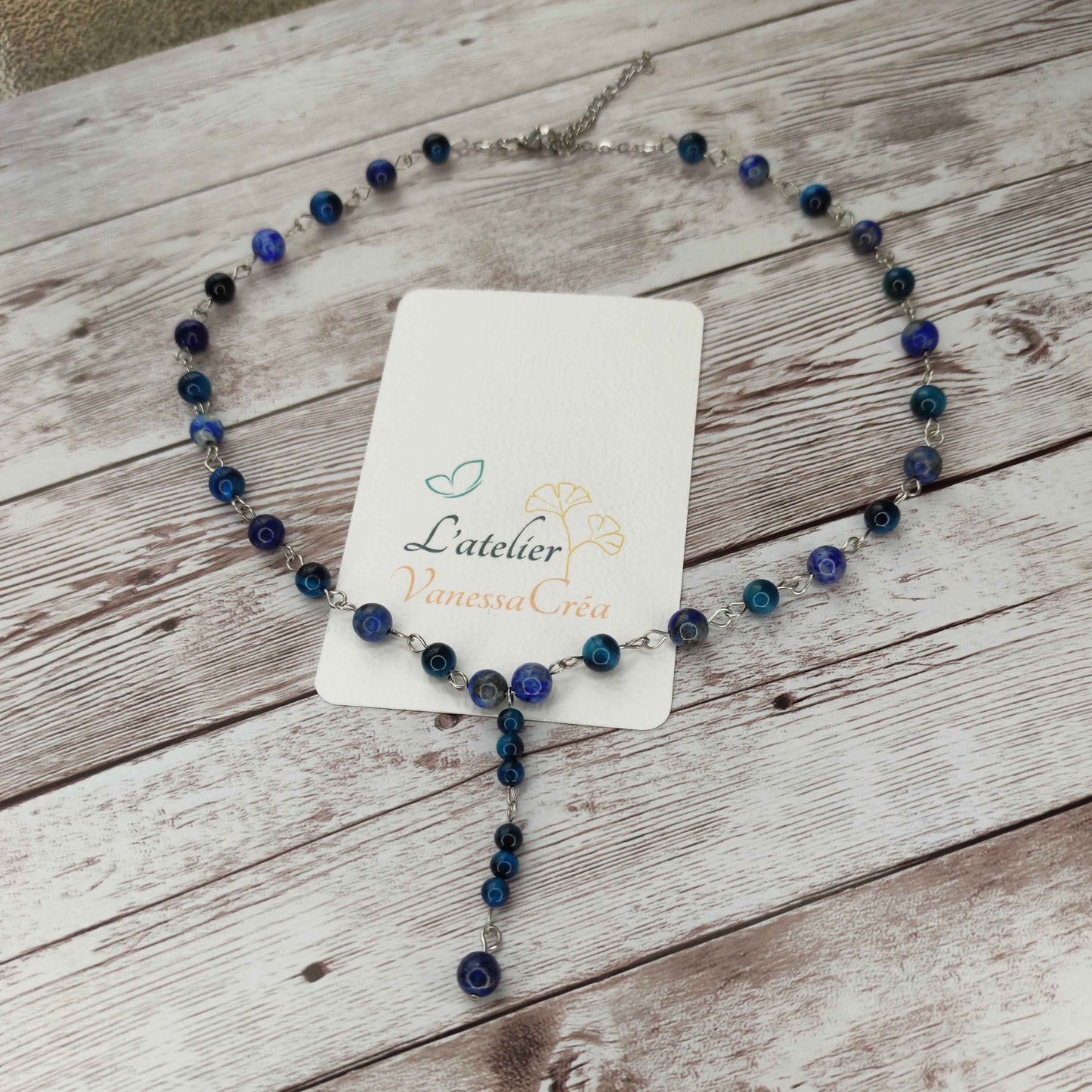 Collier cravate Sagesse Visionnaire – Œil de Faucon & Lapis-Lazuli L'Atelier VanessaCréa
