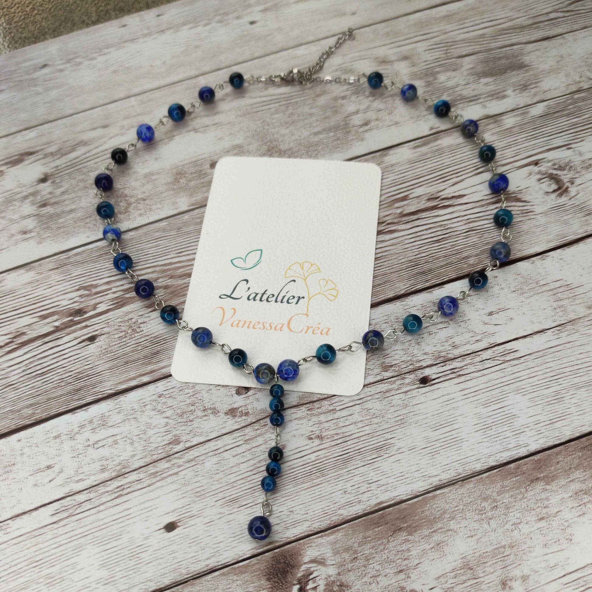 Collier cravate Sagesse Visionnaire – Œil de Faucon & Lapis-Lazuli L'Atelier VanessaCréa