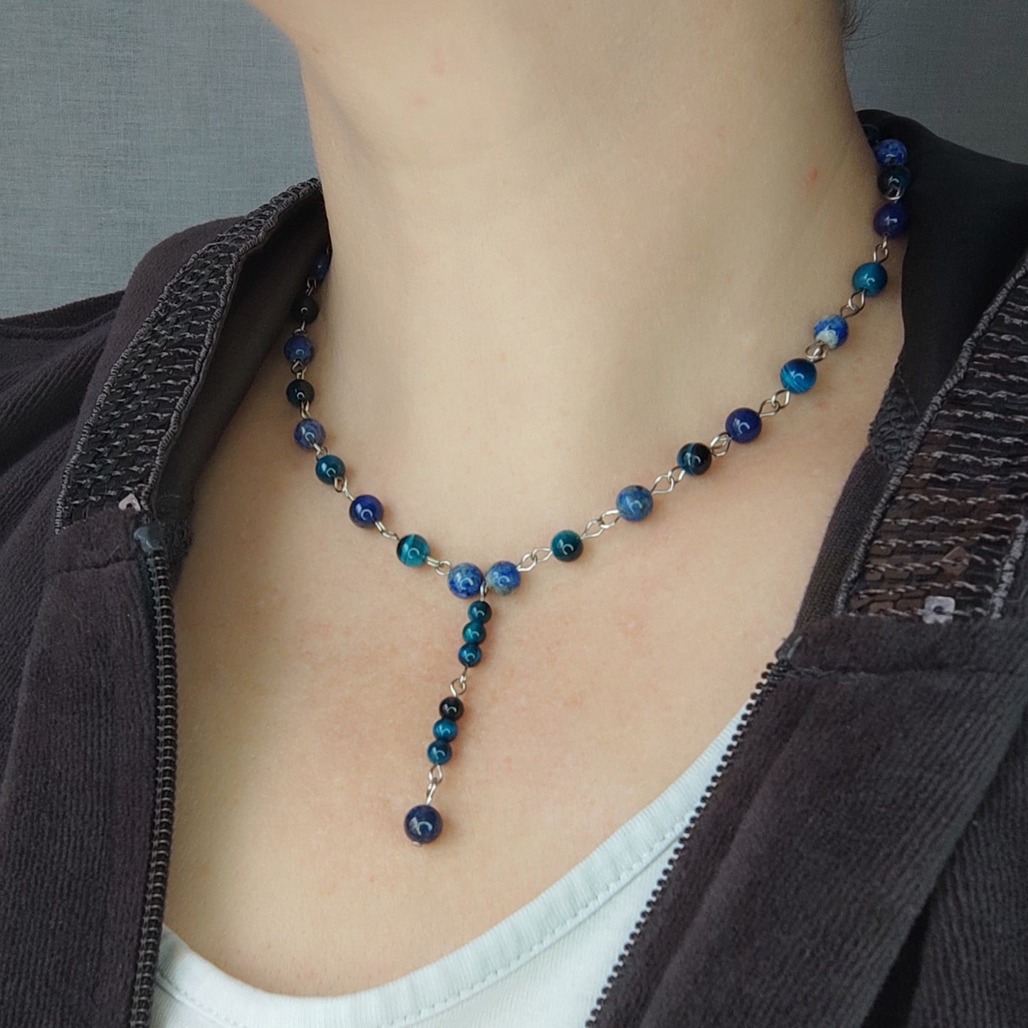Collier cravate Sagesse Visionnaire – Œil de Faucon & Lapis-Lazuli L'Atelier VanessaCréa