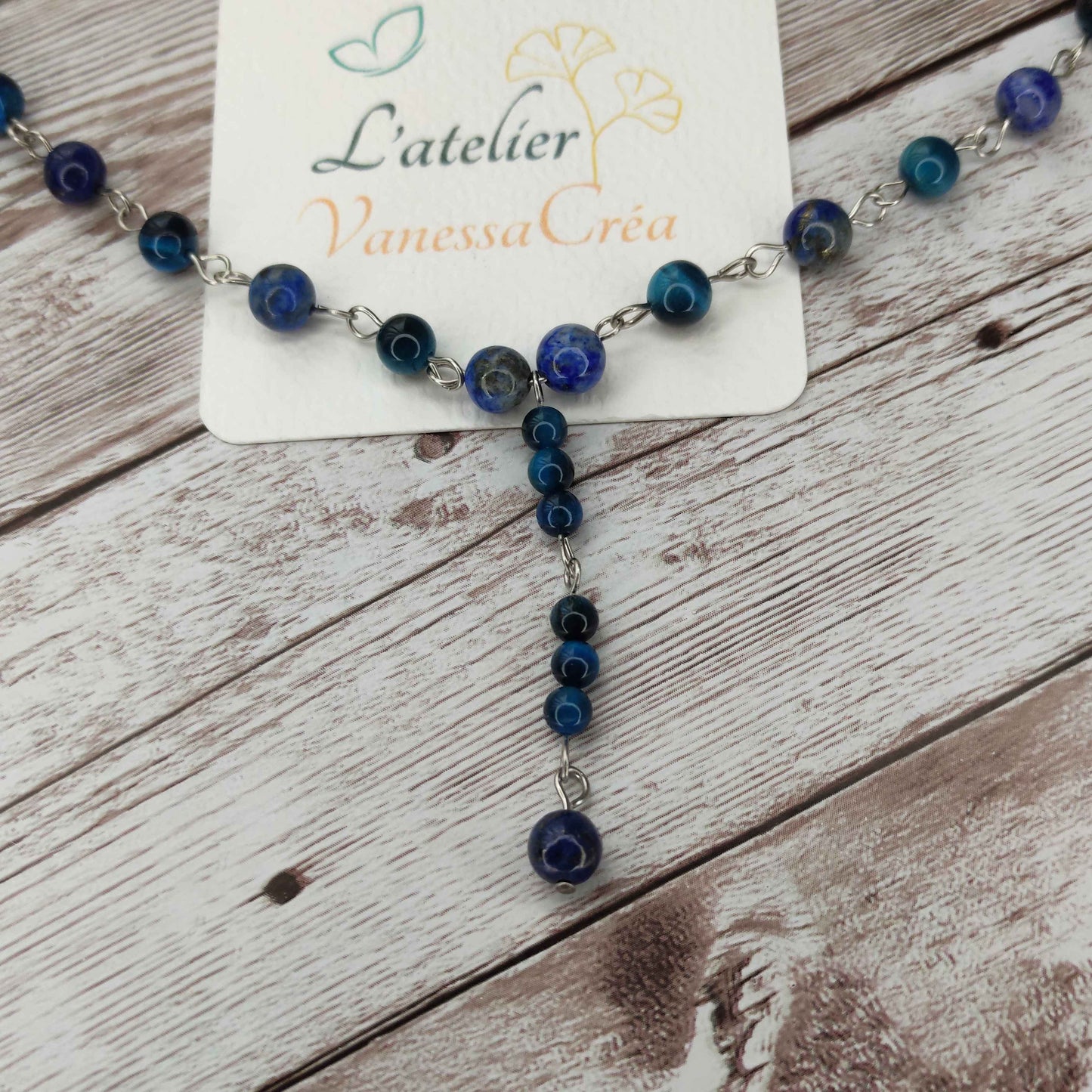 Collier cravate Sagesse Visionnaire – Œil de Faucon & Lapis-Lazuli L'Atelier VanessaCréa