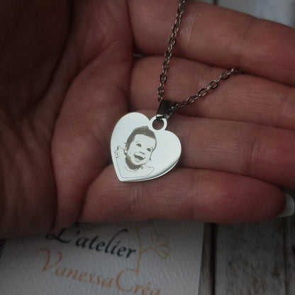 Collier Médaillon Cœur 2 cm Personnalisé - Gravure Photo & texte Effet Miroir L'Atelier VanessaCréa