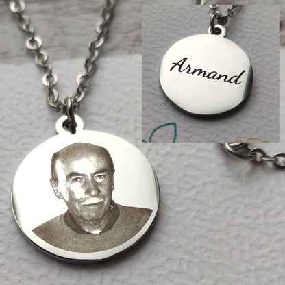 Collier personnalisé gravure photo texte en acier inoxydable argenté médaille ronde 20mm.