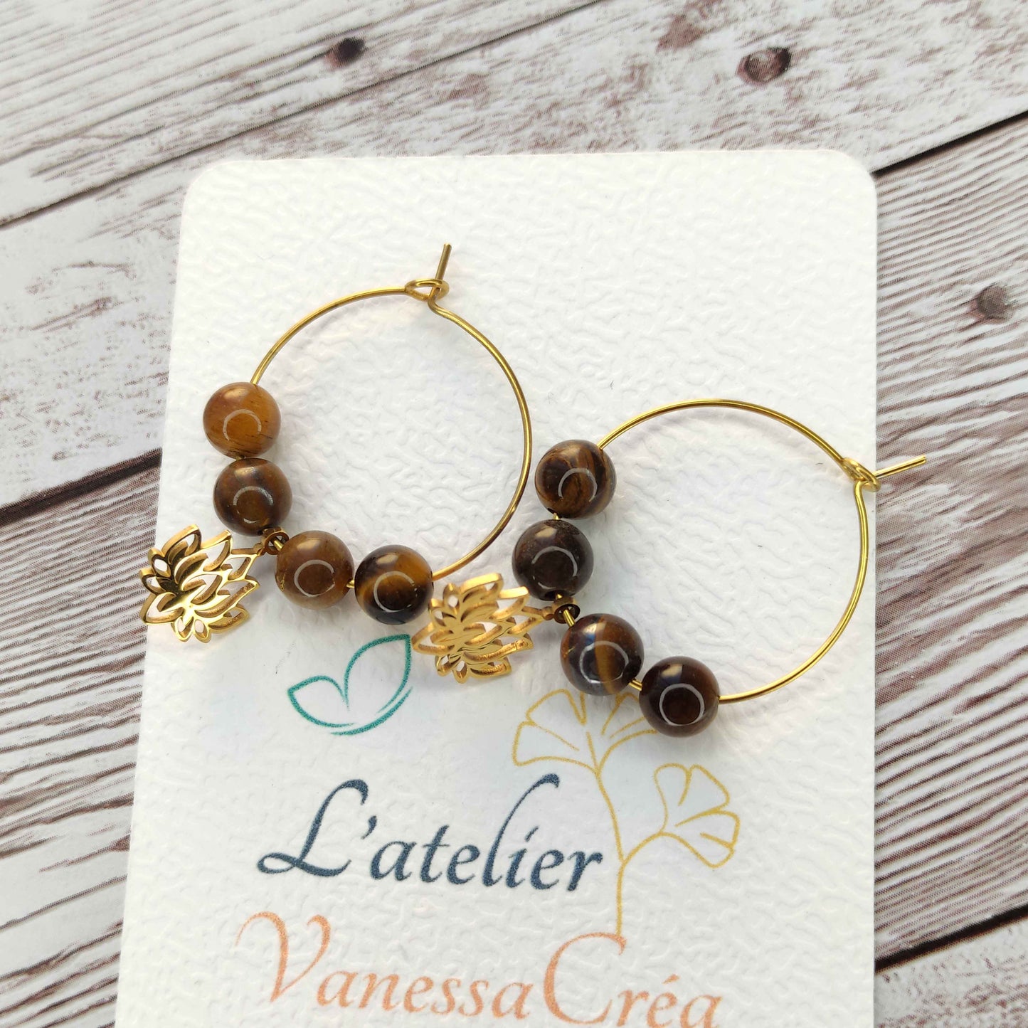 Créoles Lotus et Œil de Tigre L'Atelier VanessaCréa