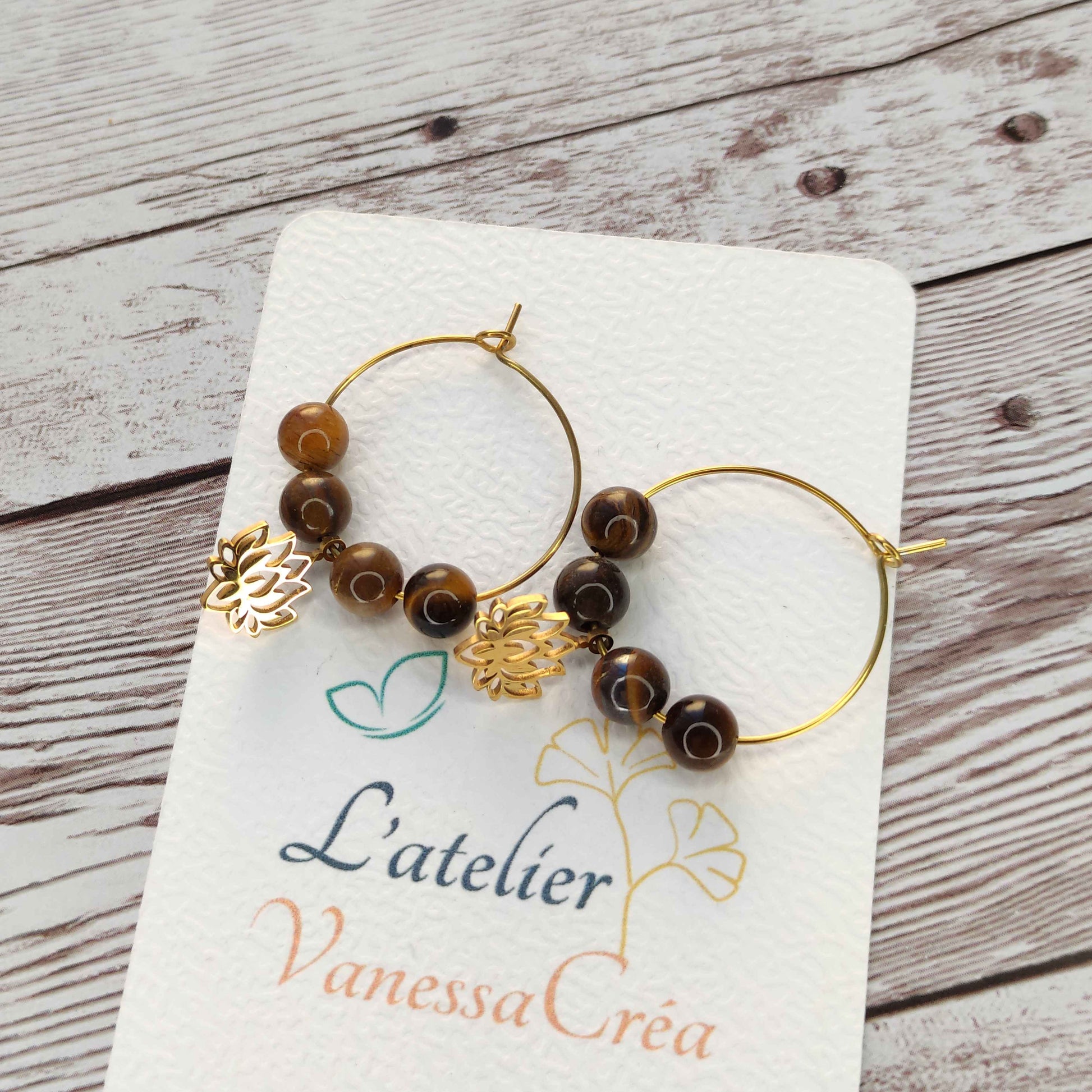 Créoles Lotus et Œil de Tigre L'Atelier VanessaCréa