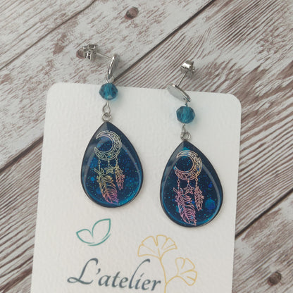 Boucles "Lola" bleu attrape-rêves acier inoxydable