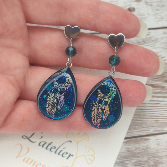 Boucles "Lola" bleu attrape-rêves acier inoxydable