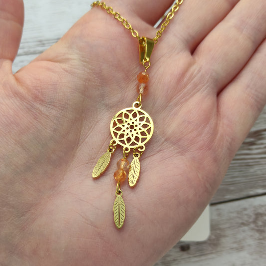 Sautoir Attrape-Rêves "Rayonnement Intérieur" – Acier Inoxydable & Pierre de Soleil