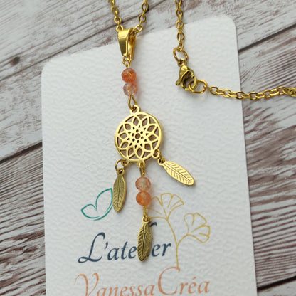 Sautoir Attrape-Rêves "Rayonnement Intérieur" – Acier Inoxydable & Pierre de Soleil