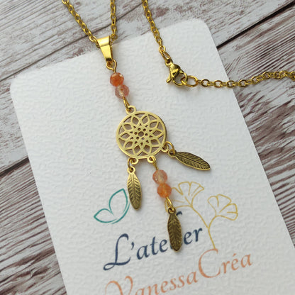 Sautoir Attrape-Rêves "Rayonnement Intérieur" – Acier Inoxydable & Pierre de Soleil