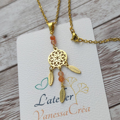 Sautoir Attrape-Rêves "Rayonnement Intérieur" – Acier Inoxydable & Pierre de Soleil