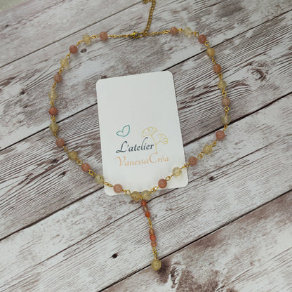 Collier cravate Éclat Solaire – Citrine & Pierre de Soleil | Confection Vibratoire en Acier Inoxydable