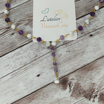 Collier cravate Sérénité & Clarté Mentale – Améthyste et Howlite sur Acier Inoxydable