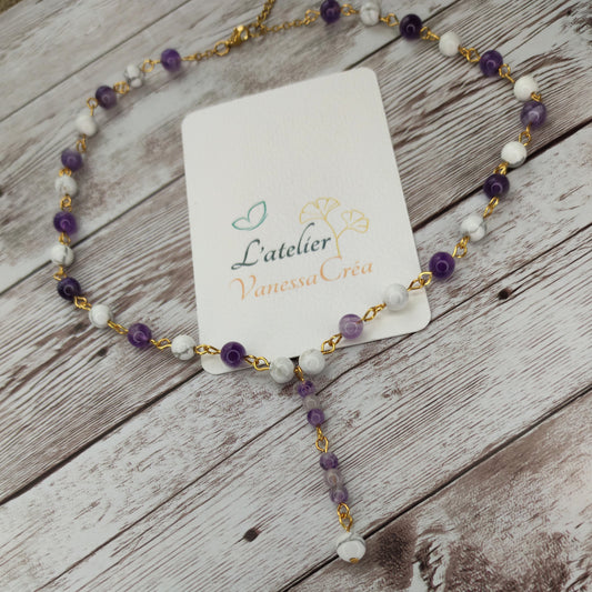 Collier cravate Sérénité & Clarté Mentale – Améthyste et Howlite sur Acier Inoxydable