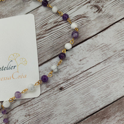 Collier cravate Sérénité & Clarté Mentale – Améthyste et Howlite sur Acier Inoxydable