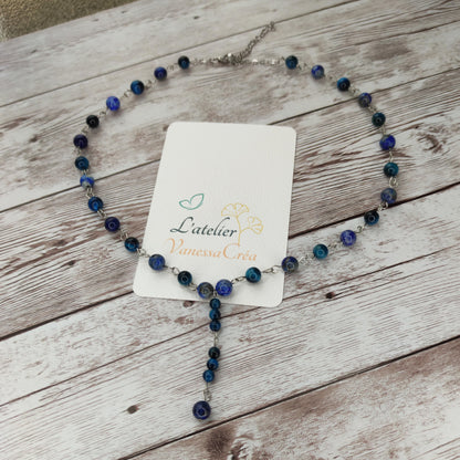 Collier cravate Sagesse Visionnaire – Œil de Faucon & Lapis-Lazuli