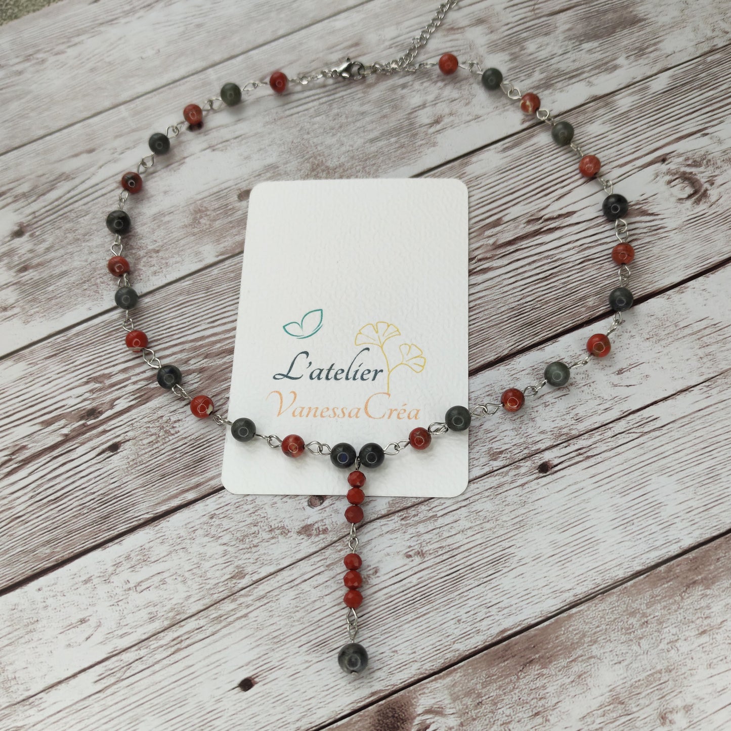 Collier cravate Sceau de Force & Protection – Labradorite, Jaspe Rouge & Acier Inoxydable
