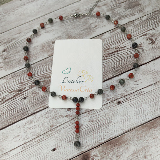 Collier cravate Sceau de Force & Protection – Labradorite, Jaspe Rouge & Acier Inoxydable