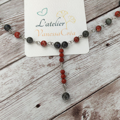 Collier cravate Sceau de Force & Protection – Labradorite, Jaspe Rouge & Acier Inoxydable