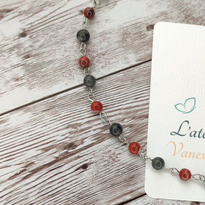 Collier cravate Sceau de Force & Protection – Labradorite, Jaspe Rouge & Acier Inoxydable