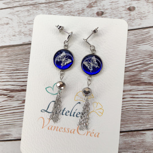 Boucles d’Oreilles "Éclat de Papillon" – Bleu Scintillant & Cascades d'Acier