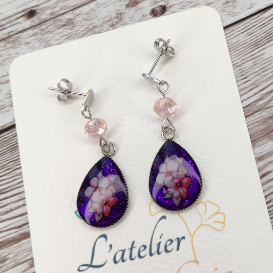 Éclat Floral Violet – Boucles d'Oreilles Gouttes en Acier Inoxydable