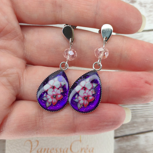 Éclat Floral Violet – Boucles d'Oreilles Gouttes en Acier Inoxydable