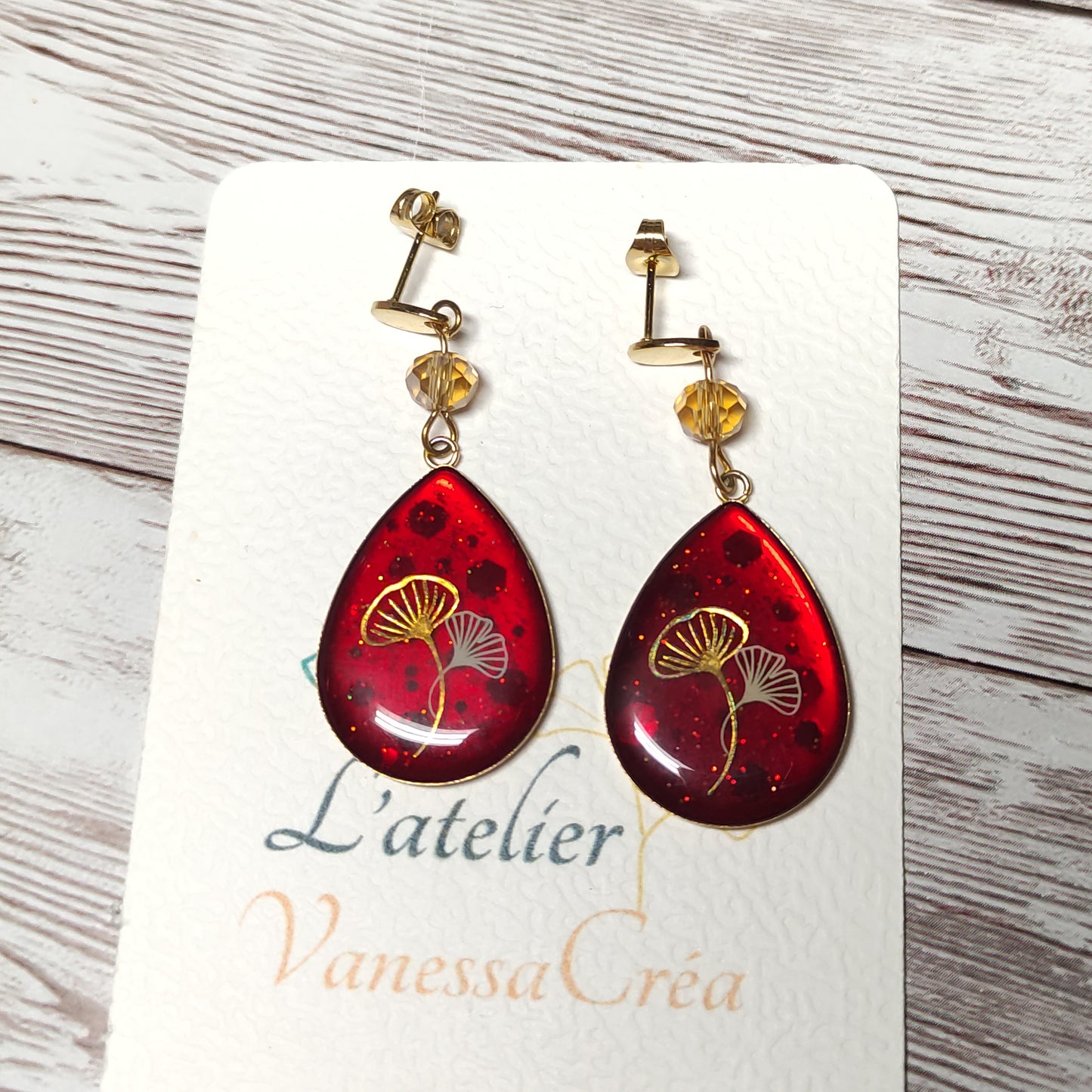 Éclat d'Automne – Boucles Gouttes Gingko & Cristal