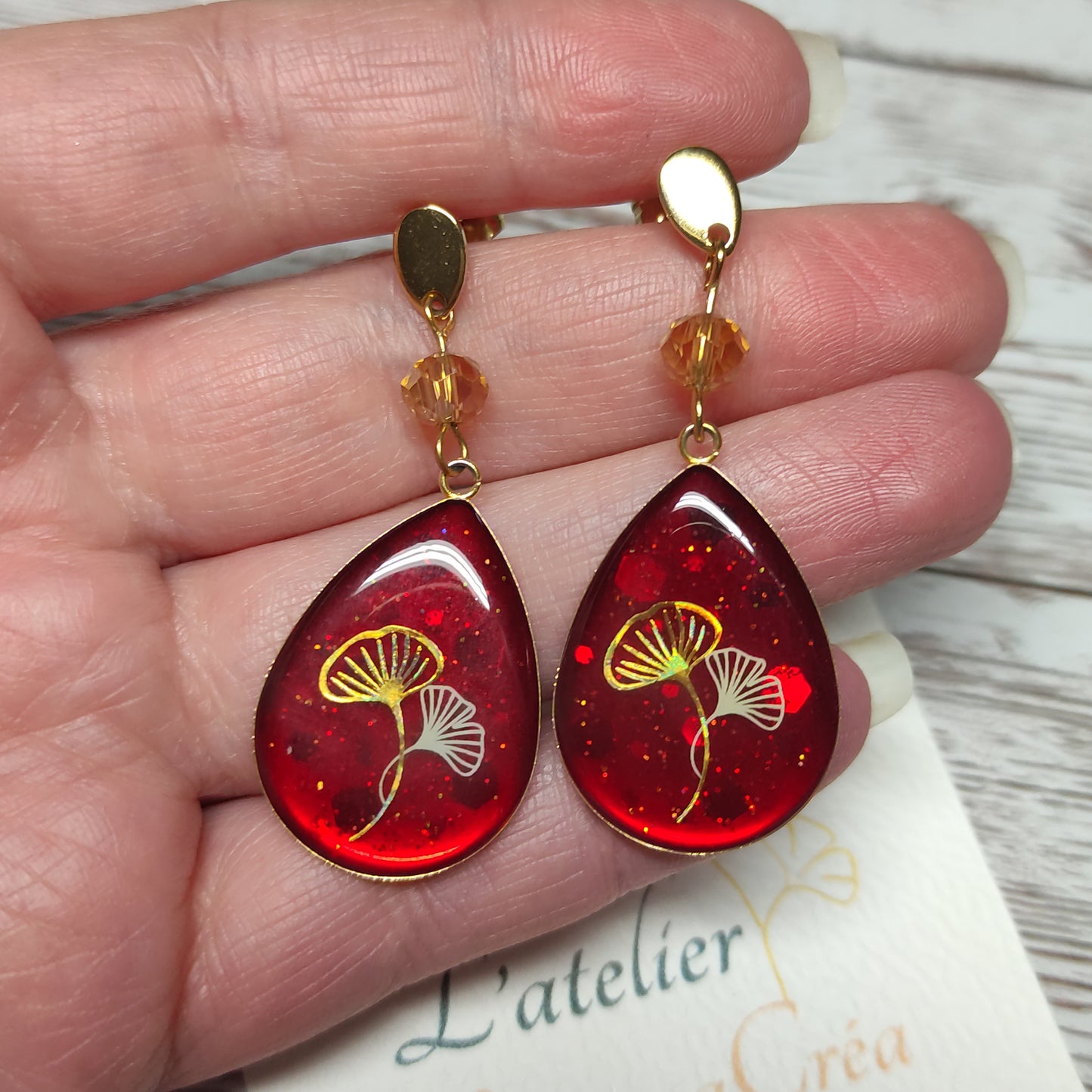 Éclat d'Automne – Boucles Gouttes Gingko & Cristal