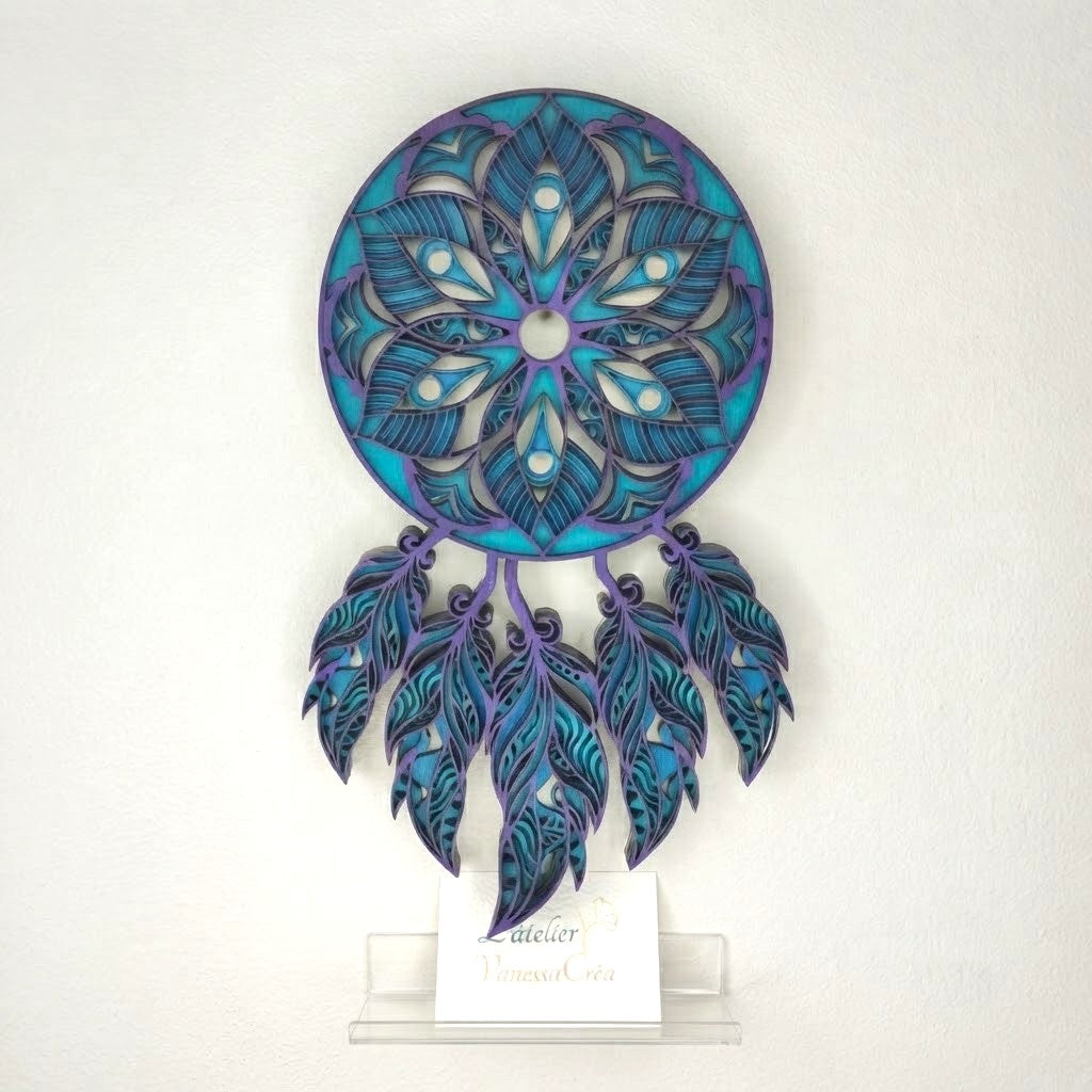 Attrape rêves bois artisanal bleu et violet