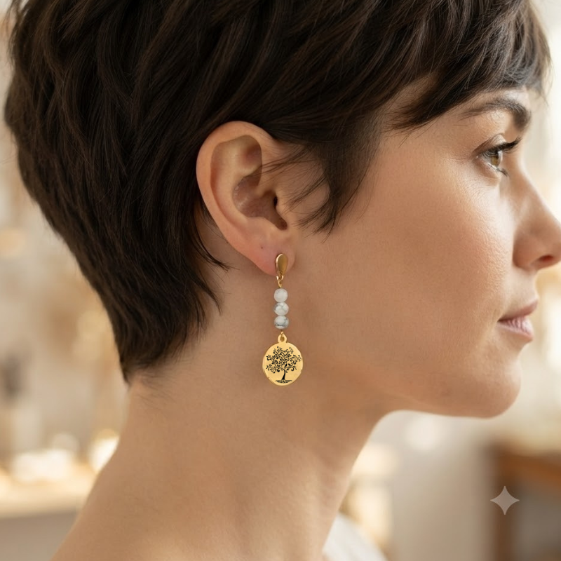 Vue de profil d'une femme portant des boucles d'oreilles pendantes motif Arbre de Vie avec perles de howlite.