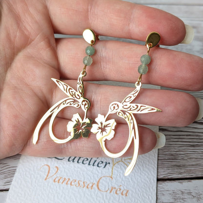 Paire de boucles d'oreilles colibri dorées en acier inoxydable tenue en main.