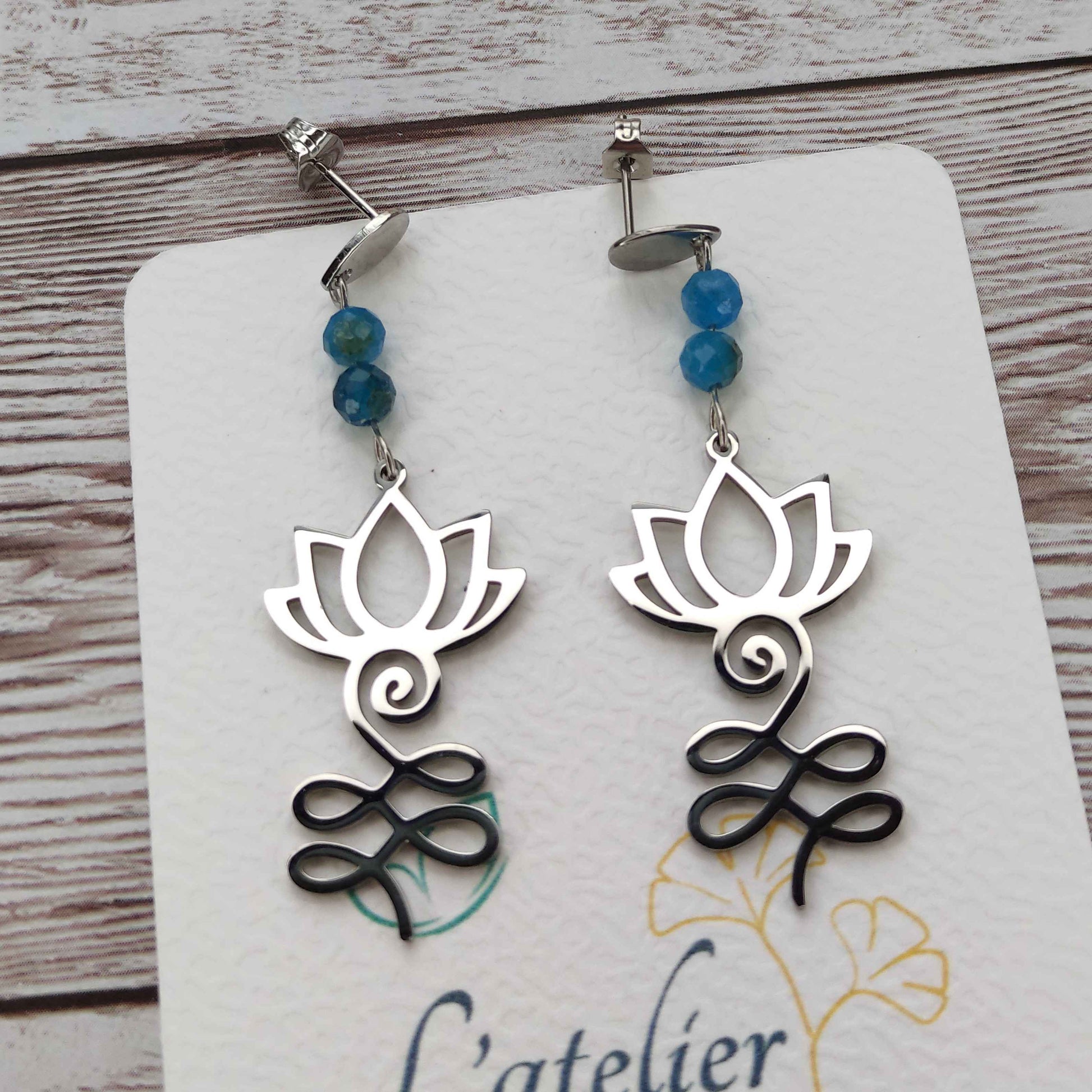Boucles d'oreilles Lotus pierre Apatite L'Atelier VanessaCréa